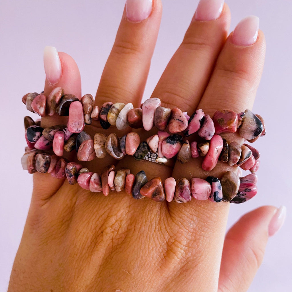 Rhodonite Crystal Chip Bracelets / Clears Away Emotional Scars & Lets You Move Forward / Mental Balance / Good For ME And Schizophrenia