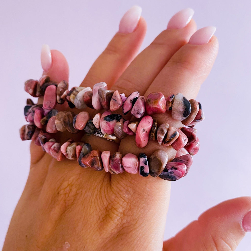 Rhodonite Crystal Chip Bracelets / Clears Away Emotional Scars & Lets You Move Forward / Mental Balance / Good For ME And Schizophrenia