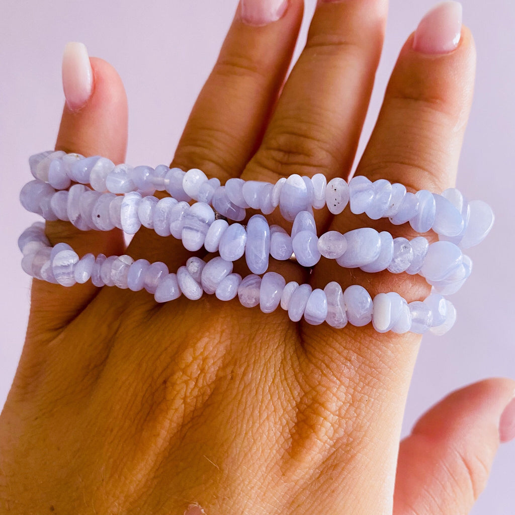 High Grade Blue Lace Agate Crystal Chip Bracelets / Calming & Nurturing / Reduces Anger, Irritation, Frustration / Encourages Honesty