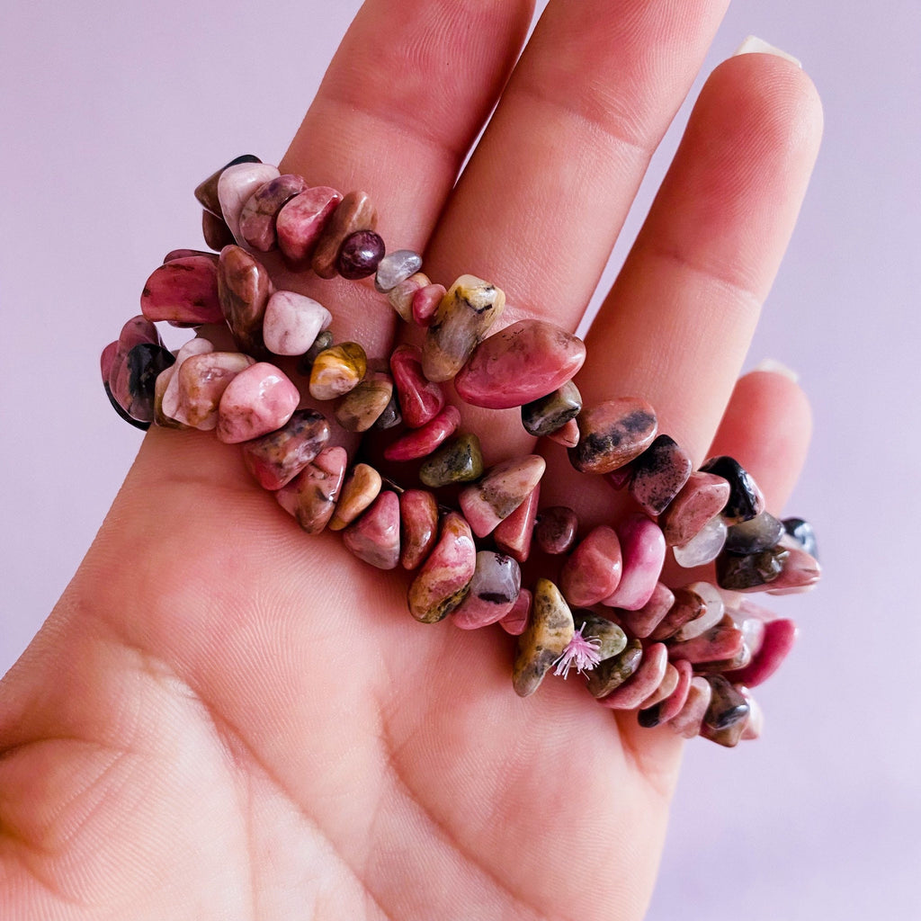 Rhodonite Crystal Chip Bracelets / Clears Away Emotional Scars & Lets You Move Forward / Mental Balance / Good For ME And Schizophrenia