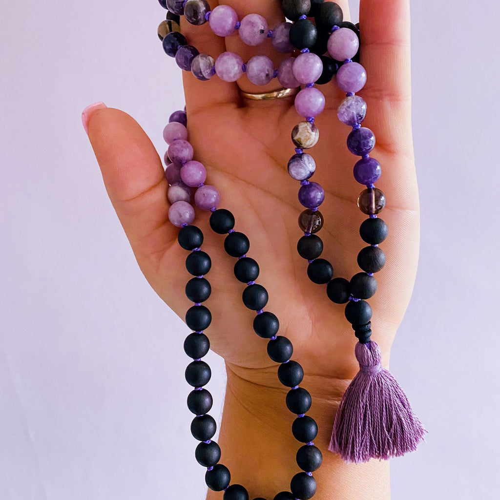 Calm Me Crystal 108 Bead Mala Necklace / Amethyst, Lepidolite, Smokey Quartz & Sandalwood / Relaxing, Anxiety Ease, Protection, Unwind