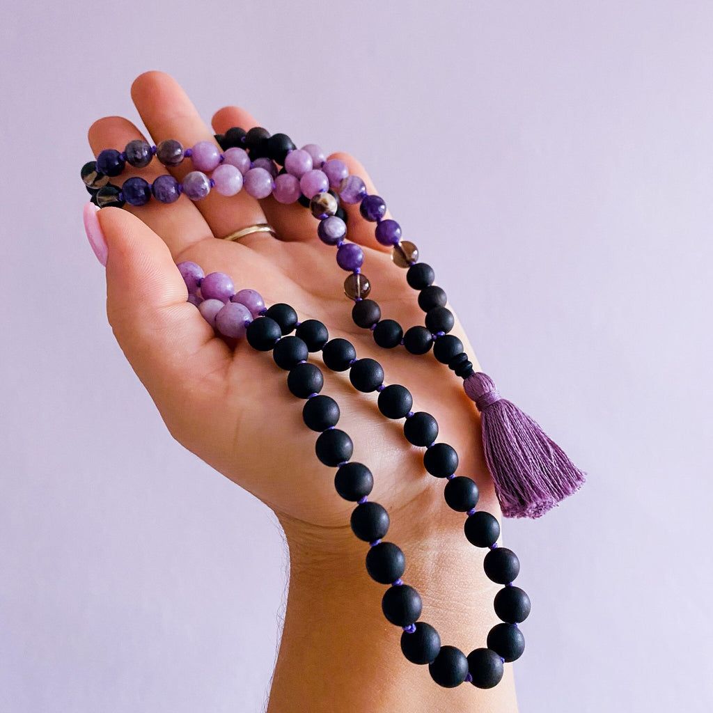 Calm Me Crystal 108 Bead Mala Necklace / Amethyst, Lepidolite, Smokey Quartz & Sandalwood / Relaxing, Anxiety Ease, Protection, Unwind