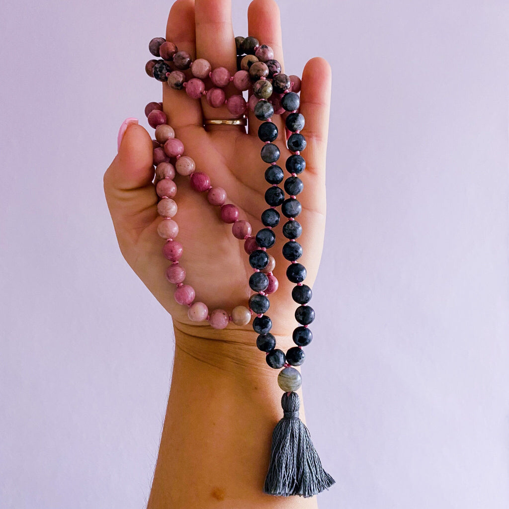 The Yang Crystal 108 Bead Mala Necklace / Rhodonite, Labradorite / Balance Masculine Energy, Helps You To See Both Sides of Life / Yin/Yang