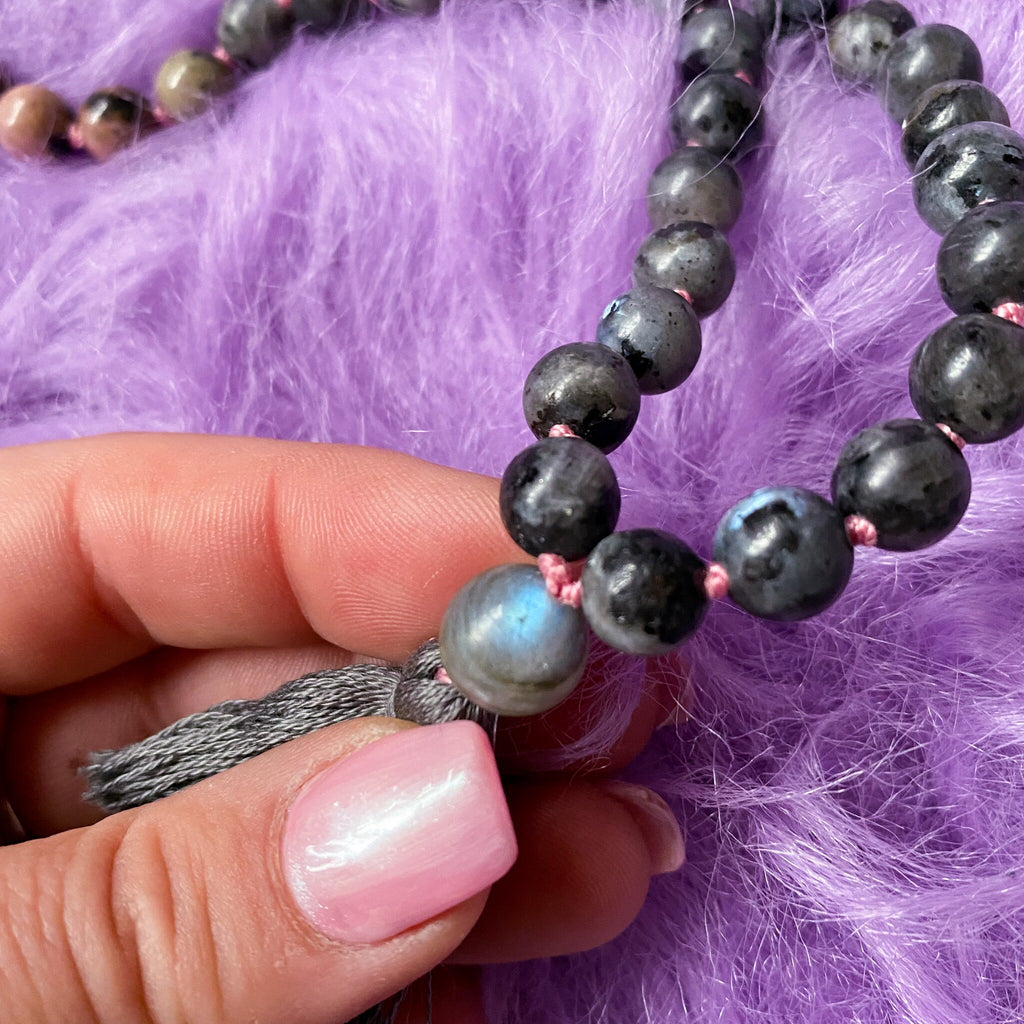 The Yang Crystal 108 Bead Mala Necklace / Rhodonite, Labradorite / Balance Masculine Energy, Helps You To See Both Sides of Life / Yin/Yang