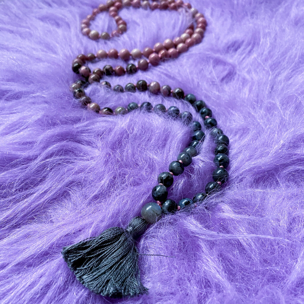 The Yang Crystal 108 Bead Mala Necklace / Rhodonite, Labradorite / Balance Masculine Energy, Helps You To See Both Sides of Life / Yin/Yang