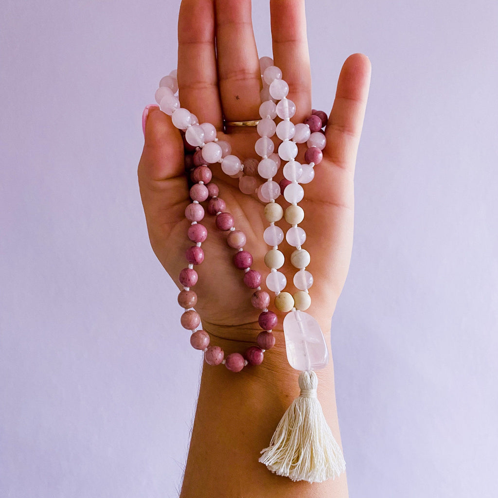 Unconditional Love Crystal 108 Bead Mala Necklace / Rose Quartz, White Jasper + Rhodonite / Self Love, Uplifting, Brings Peace & Healing