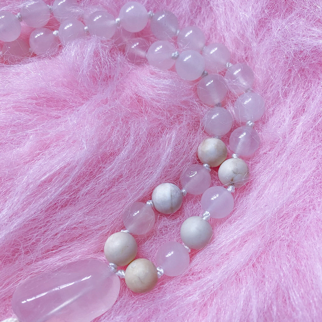 Unconditional Love Crystal 108 Bead Mala Necklace / Rose Quartz, White Jasper + Rhodonite / Self Love, Uplifting, Brings Peace & Healing