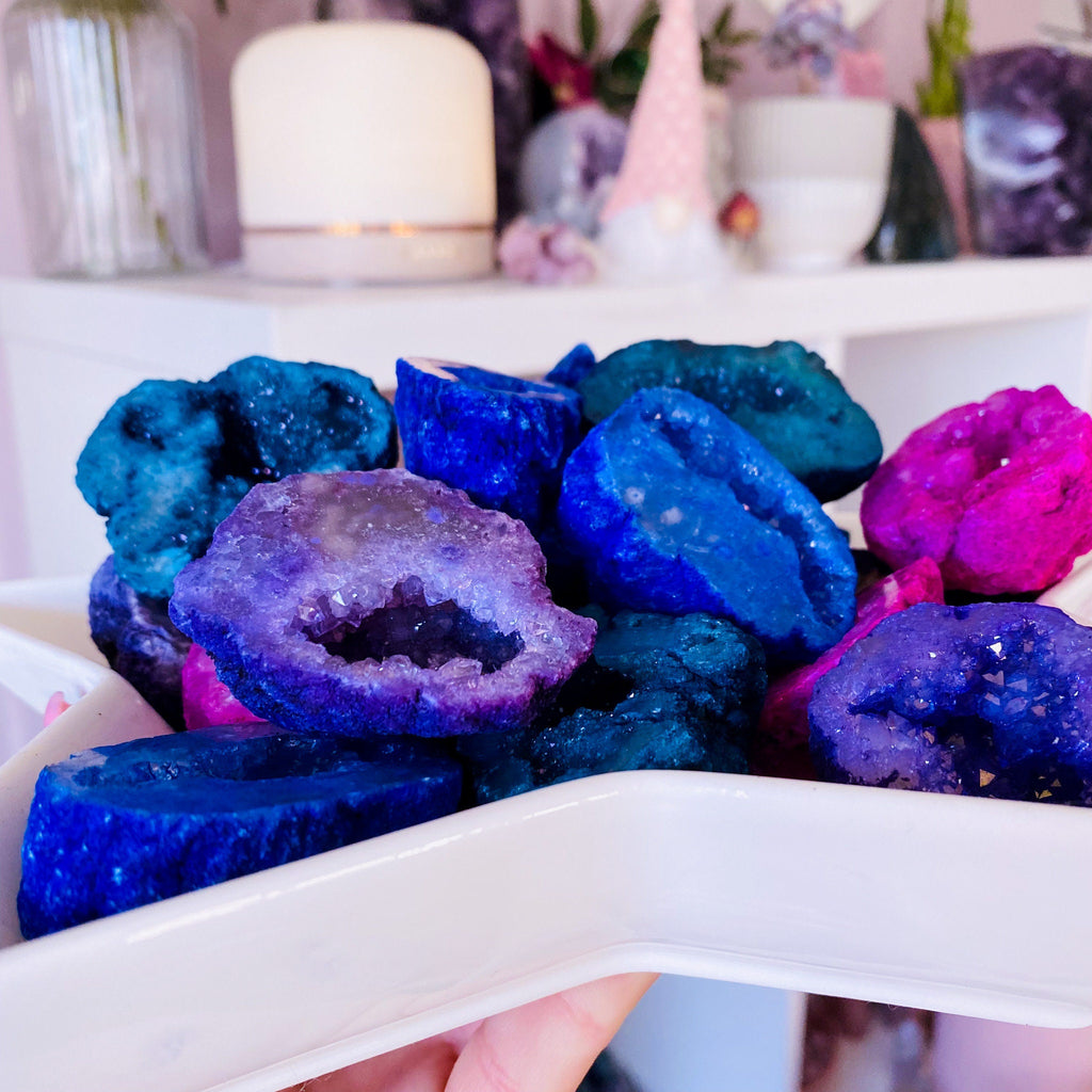 Dyed Quartz Geode Crystal Caves - Pink, Purple, Green + Blue / Purify Negativity, Enhance Concentration & Positivity / Calms Atmosphere