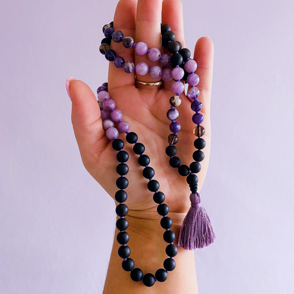 Calm Me Crystal 108 Bead Mala Necklace / Amethyst, Lepidolite, Smokey Quartz & Sandalwood / Relaxing, Anxiety Ease, Protection, Unwind