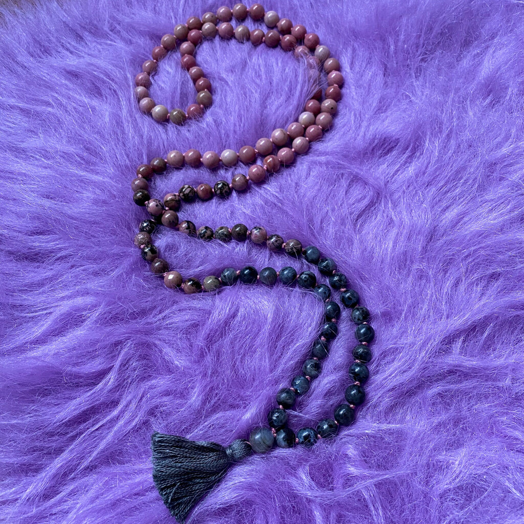 The Yang Crystal 108 Bead Mala Necklace / Rhodonite, Labradorite / Balance Masculine Energy, Helps You To See Both Sides of Life / Yin/Yang