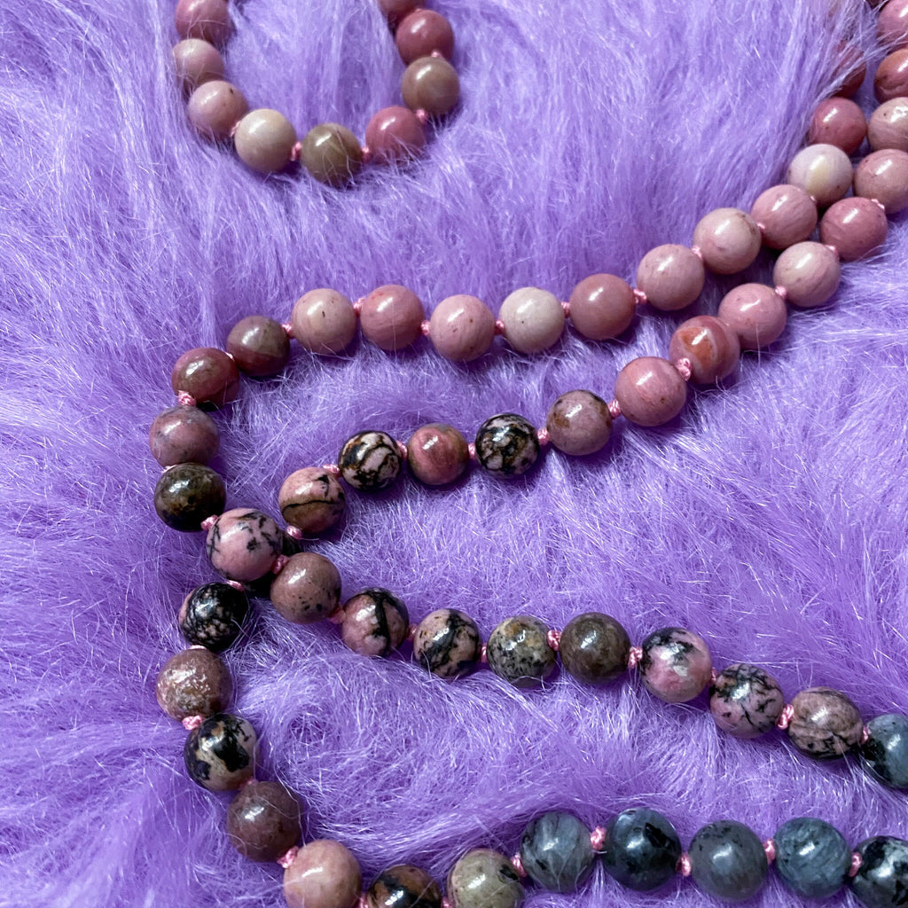 The Yang Crystal 108 Bead Mala Necklace / Rhodonite, Labradorite / Balance Masculine Energy, Helps You To See Both Sides of Life / Yin/Yang