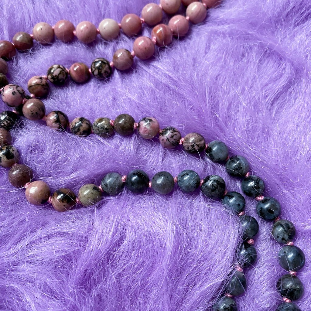 The Yang Crystal 108 Bead Mala Necklace / Rhodonite, Labradorite / Balance Masculine Energy, Helps You To See Both Sides of Life / Yin/Yang