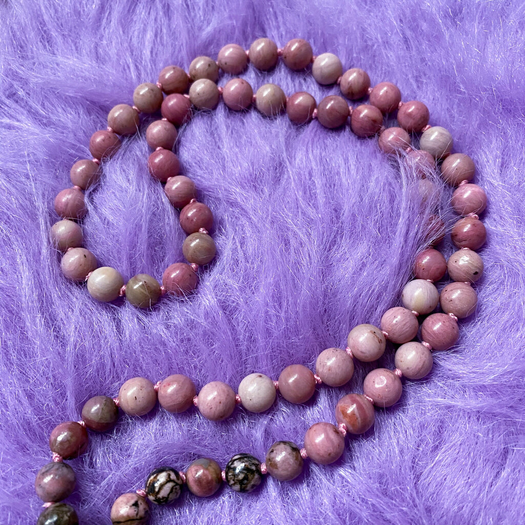 The Yang Crystal 108 Bead Mala Necklace / Rhodonite, Labradorite / Balance Masculine Energy, Helps You To See Both Sides of Life / Yin/Yang