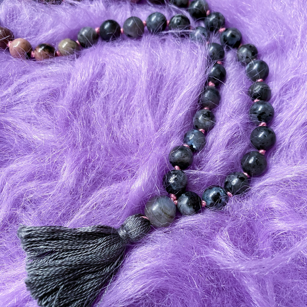 The Yang Crystal 108 Bead Mala Necklace / Rhodonite, Labradorite / Balance Masculine Energy, Helps You To See Both Sides of Life / Yin/Yang