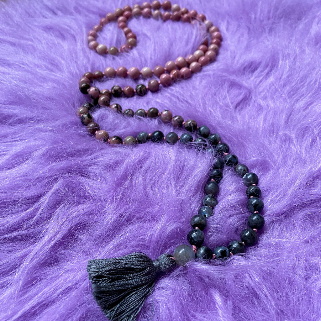 The Yang Crystal 108 Bead Mala Necklace / Rhodonite, Labradorite / Balance Masculine Energy, Helps You To See Both Sides of Life / Yin/Yang