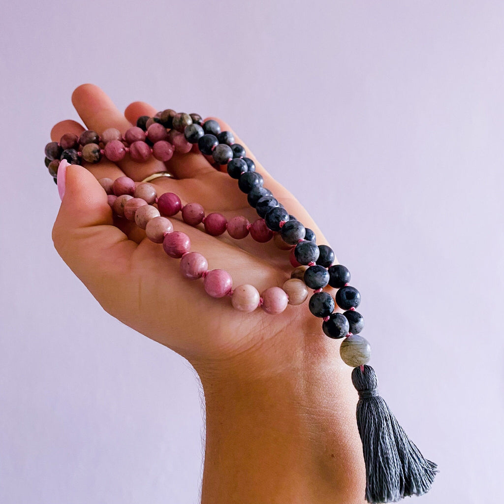 The Yang Crystal 108 Bead Mala Necklace / Rhodonite, Labradorite / Balance Masculine Energy, Helps You To See Both Sides of Life / Yin/Yang