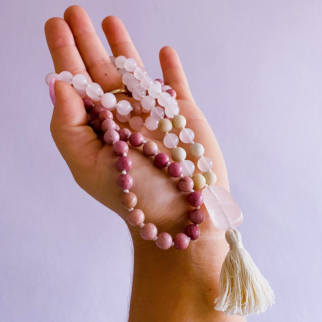 Unconditional Love Crystal 108 Bead Mala Necklace / Rose Quartz, White Jasper + Rhodonite / Self Love, Uplifting, Brings Peace & Healing