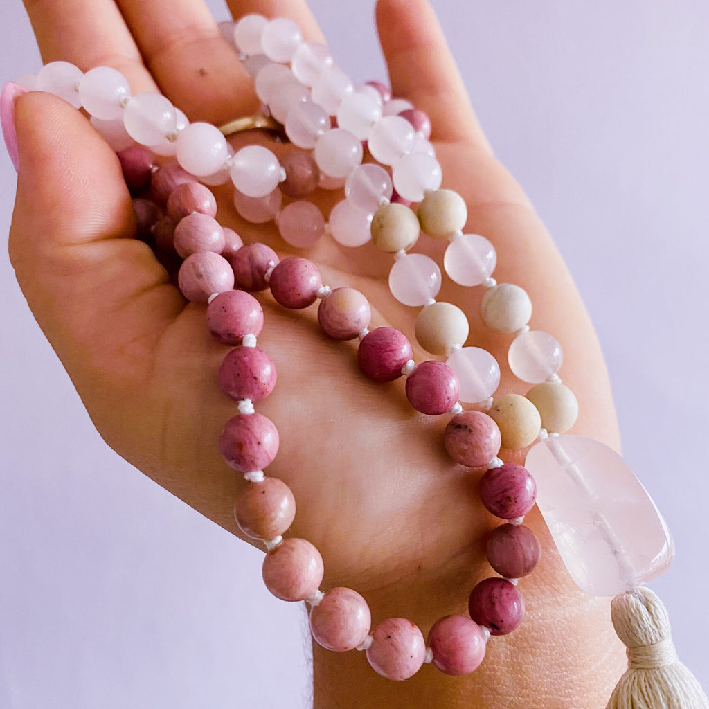 Unconditional Love Crystal 108 Bead Mala Necklace / Rose Quartz, White Jasper + Rhodonite / Self Love, Uplifting, Brings Peace & Healing