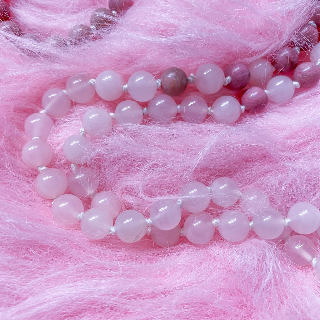 Unconditional Love Crystal 108 Bead Mala Necklace / Rose Quartz, White Jasper + Rhodonite / Self Love, Uplifting, Brings Peace & Healing