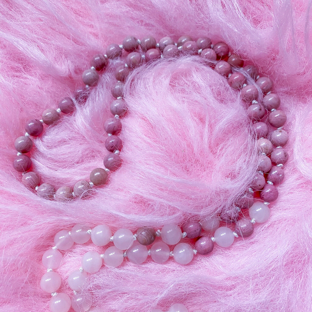 Unconditional Love Crystal 108 Bead Mala Necklace / Rose Quartz, White Jasper + Rhodonite / Self Love, Uplifting, Brings Peace & Healing