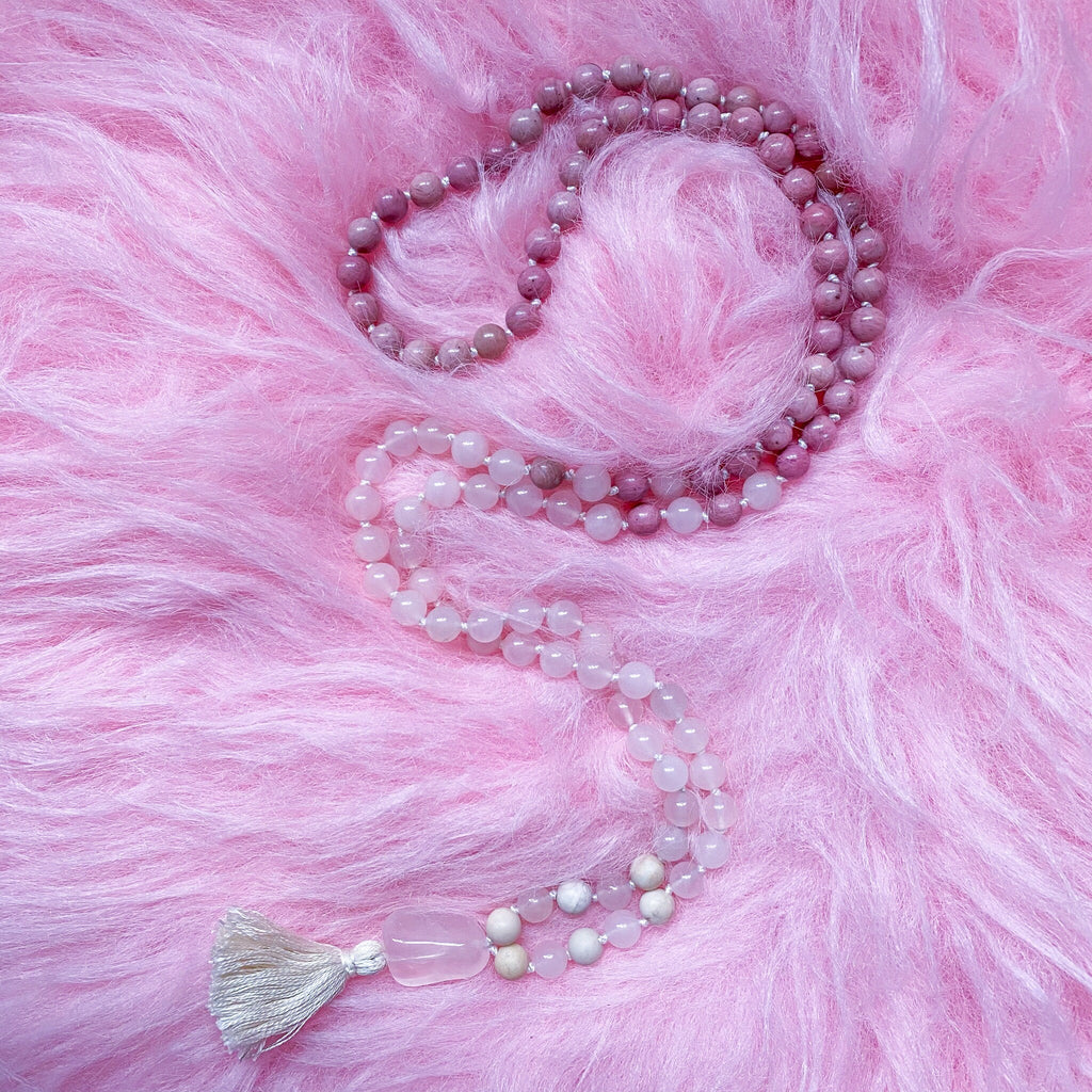 Unconditional Love Crystal 108 Bead Mala Necklace / Rose Quartz, White Jasper + Rhodonite / Self Love, Uplifting, Brings Peace & Healing