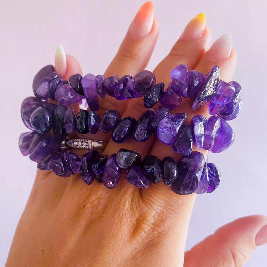 Chunky Amethyst Crystal Chip Bracelets / Great Healer, Good For Anxiety & Claming / Good For Sleeping Troubles / Great For Migraines