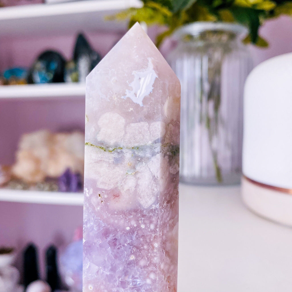 4) Pink Amethyst x Flower Agate Crystal Tower Point / Great For Soul Guidance & Being Open To All Love / Eases Anxiety, Stress, Nightmares