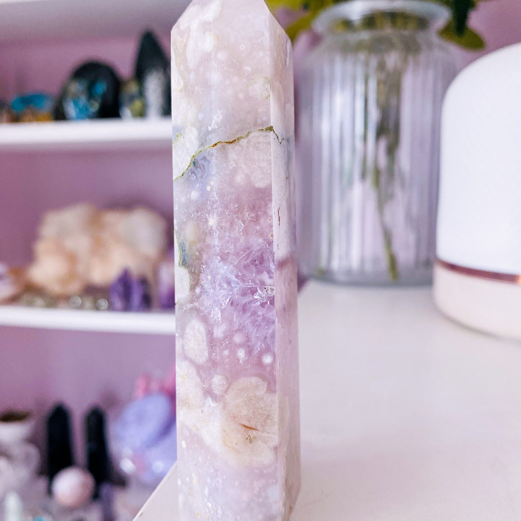 4) Pink Amethyst x Flower Agate Crystal Tower Point / Great For Soul Guidance & Being Open To All Love / Eases Anxiety, Stress, Nightmares