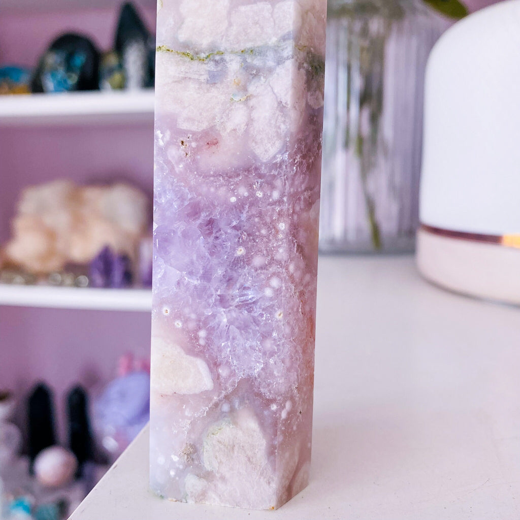 4) Pink Amethyst x Flower Agate Crystal Tower Point / Great For Soul Guidance & Being Open To All Love / Eases Anxiety, Stress, Nightmares