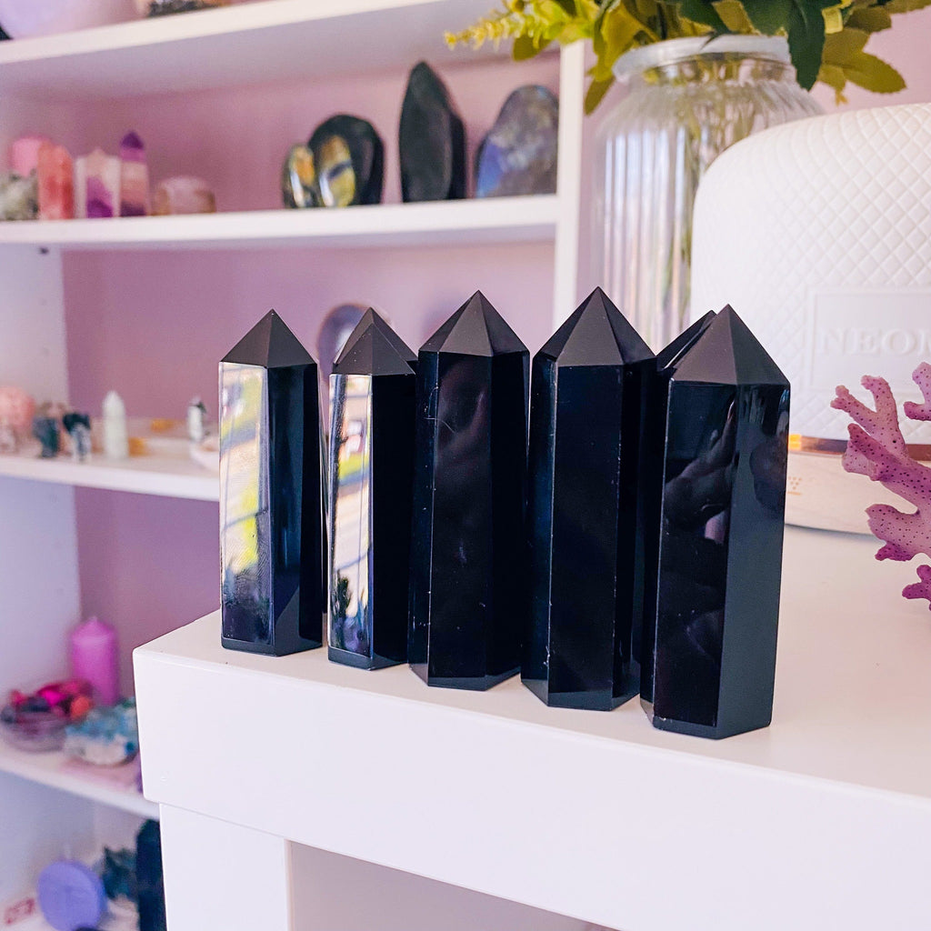 Black Obsidian Crystal Towers / Blocks Negativity / Absorbs Tension & Stress / Discourages Drama / Brings Strength And Courage