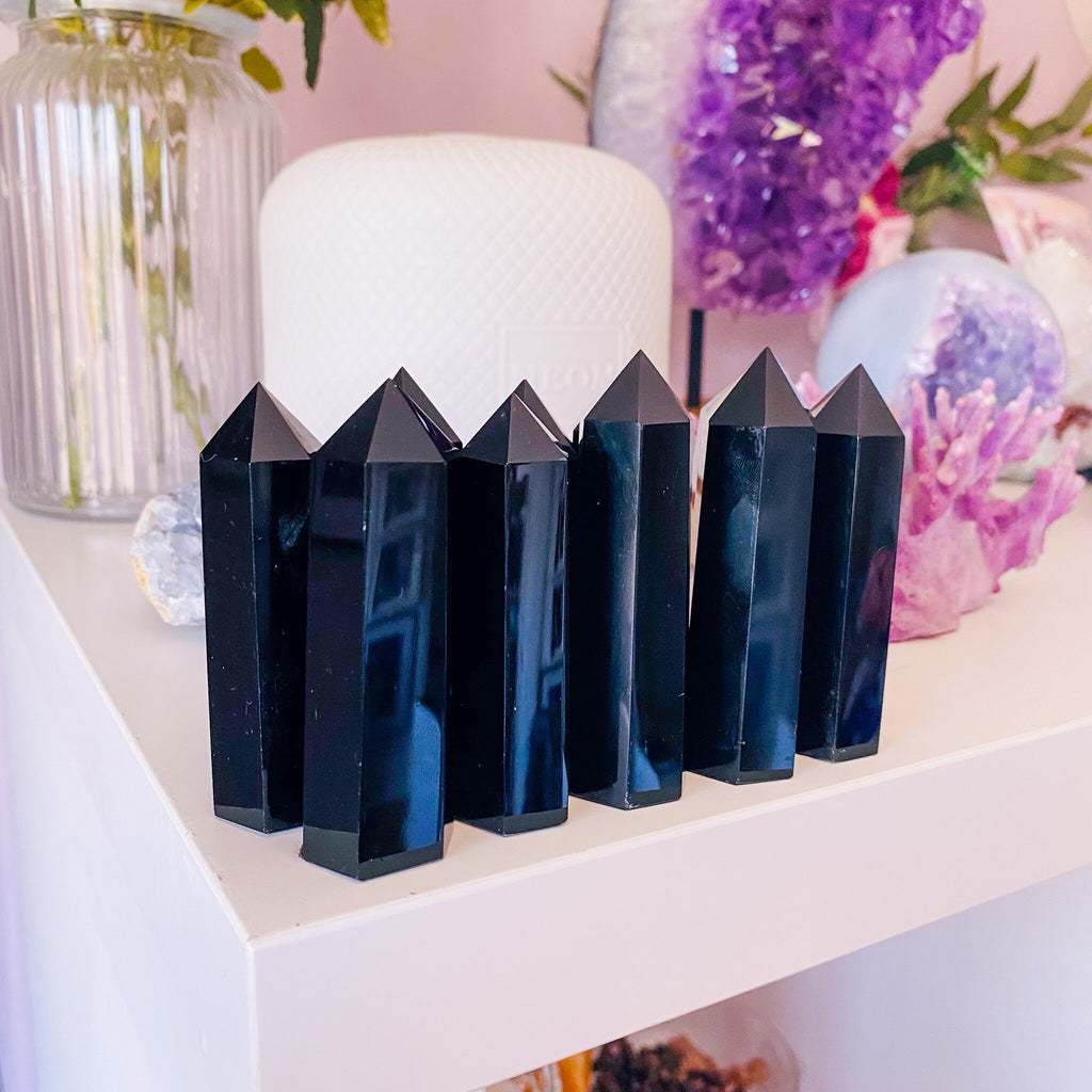 Black Obsidian Crystal Towers / Blocks Negativity / Absorbs Tension & Stress / Discourages Drama / Brings Strength And Courage