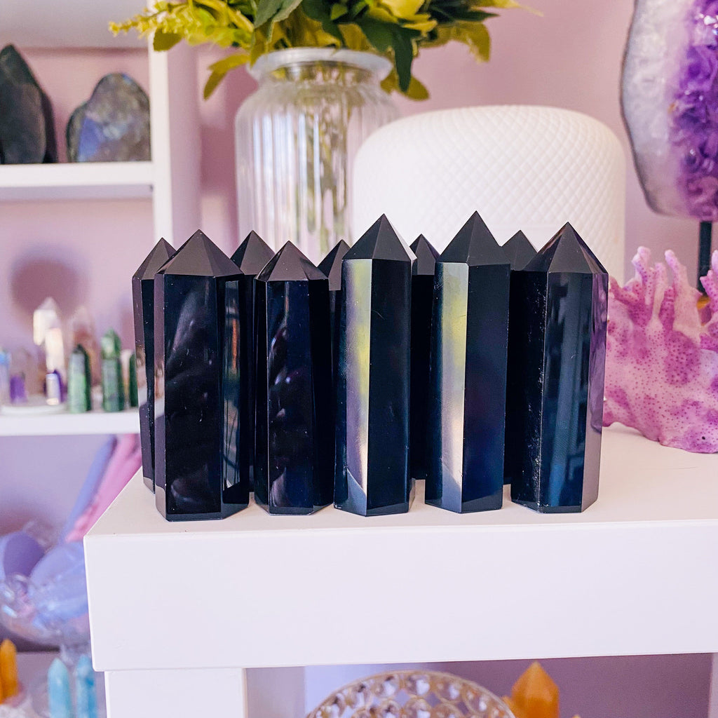 Black Obsidian Crystal Towers / Blocks Negativity / Absorbs Tension & Stress / Discourages Drama / Brings Strength And Courage