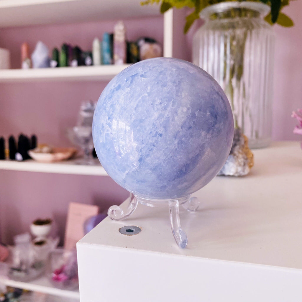 Blue Calcite Large Crystal 65mm Sphere / Soothes Nerves, Lessens Anxiety / Cleanses Negative Energy From Body & Home / Helps Clear Speech