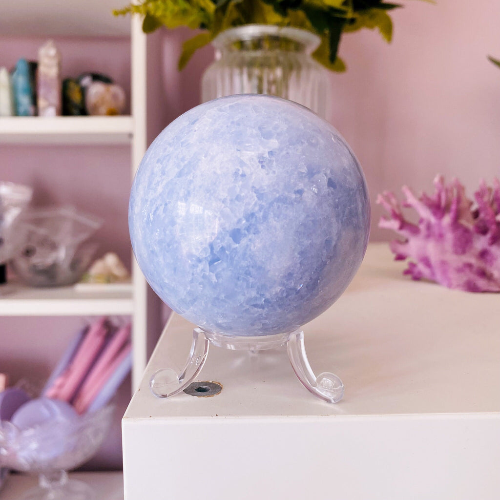 Blue Calcite Large Crystal 65mm Sphere / Soothes Nerves, Lessens Anxiety / Cleanses Negative Energy From Body & Home / Helps Clear Speech