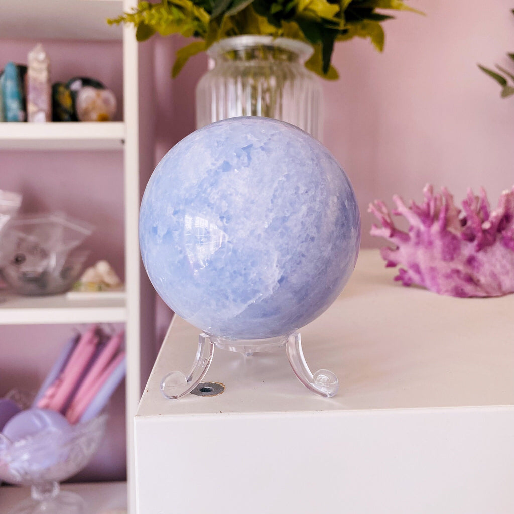 Blue Calcite Large Crystal 65mm Sphere / Soothes Nerves, Lessens Anxiety / Cleanses Negative Energy From Body & Home / Helps Clear Speech