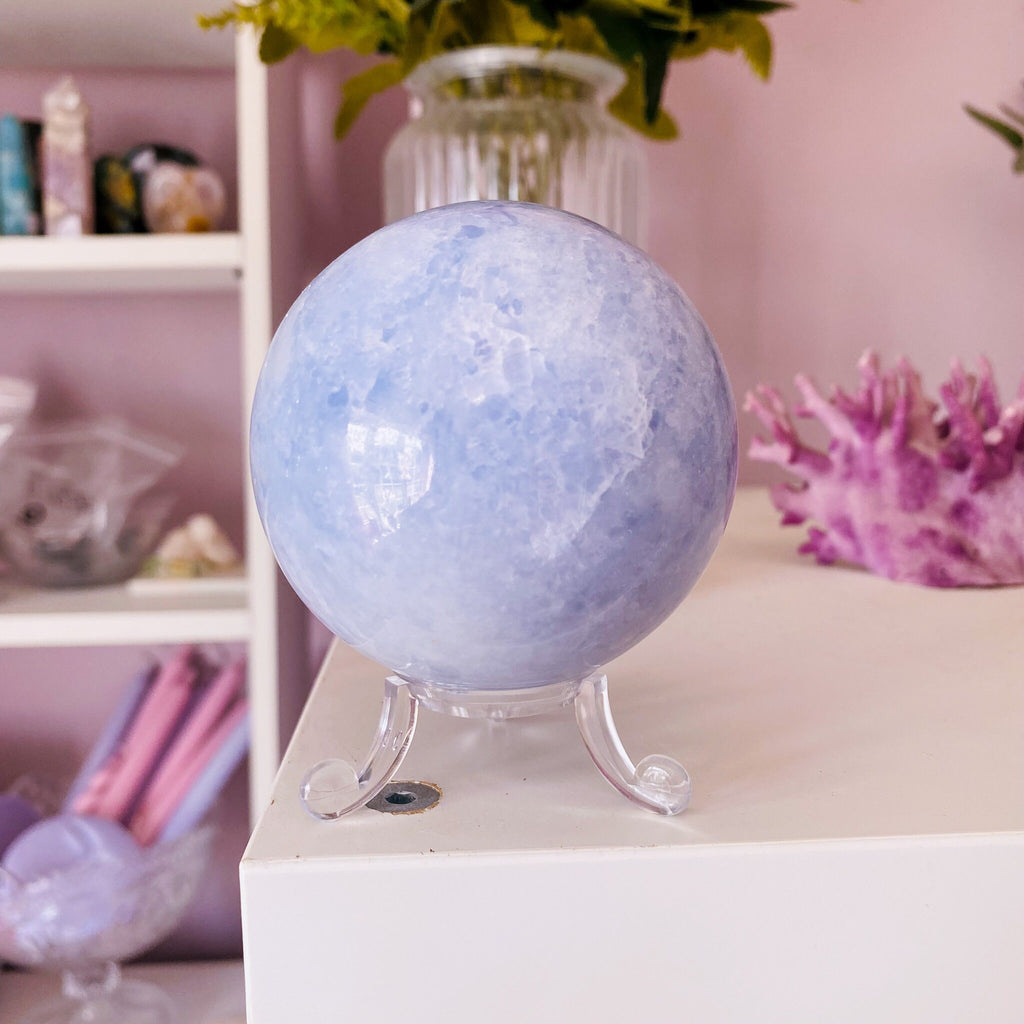 Blue Calcite Large Crystal 65mm Sphere / Soothes Nerves, Lessens Anxiety / Cleanses Negative Energy From Body & Home / Helps Clear Speech